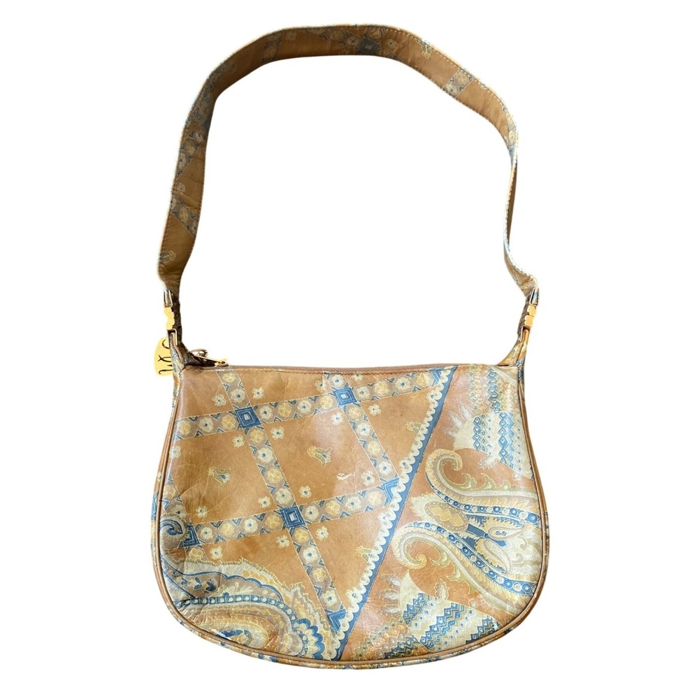 Vintage 1970s Morris Moskowitz Leather Paisley‎ Patchwork Shoulder Bag Tan Bratz